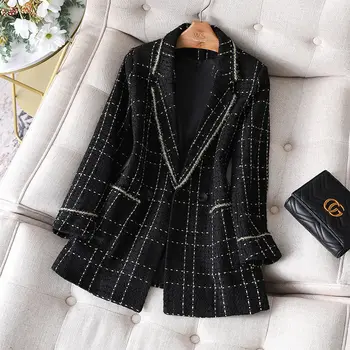 Негабаритный клетчатый твидовый пиджак 2023, Корейский модный Блейзер с длинным рукавом, пальто для офиса, Элегантная Верхняя одежда на одной пуговице, Большие размеры
