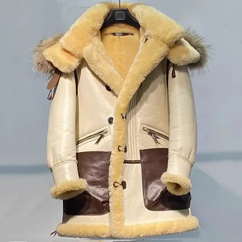 Дубленка Мужская Белая куртка из овчины цвета слоновой кости С капюшоном, зимнее пальто в стиле милитари