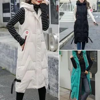 Удобный женский зимний хлопковый жилет с капюшоном длиной до середины икры, тонкая верхняя одежда, жилет 3D-кроя, пальто, прямая повседневная одежда