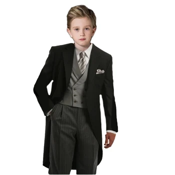 Детский свадебный костюм для мальчиков, черный костюм на пуговицах с лацканами, Официальный Блейзер, Элегантный наряд, смокинг, комплект из 3 предметов (куртка + брюки + Жилет + галстук-бабочка)